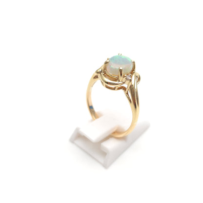 9ct Yellow Gold Vintage Oval Opal Cabochon And Diamond Swirly Setting Ring