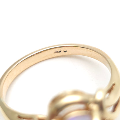 9ct Yellow Gold Vintage Oval Opal Cabochon And Diamond Swirly Setting Ring