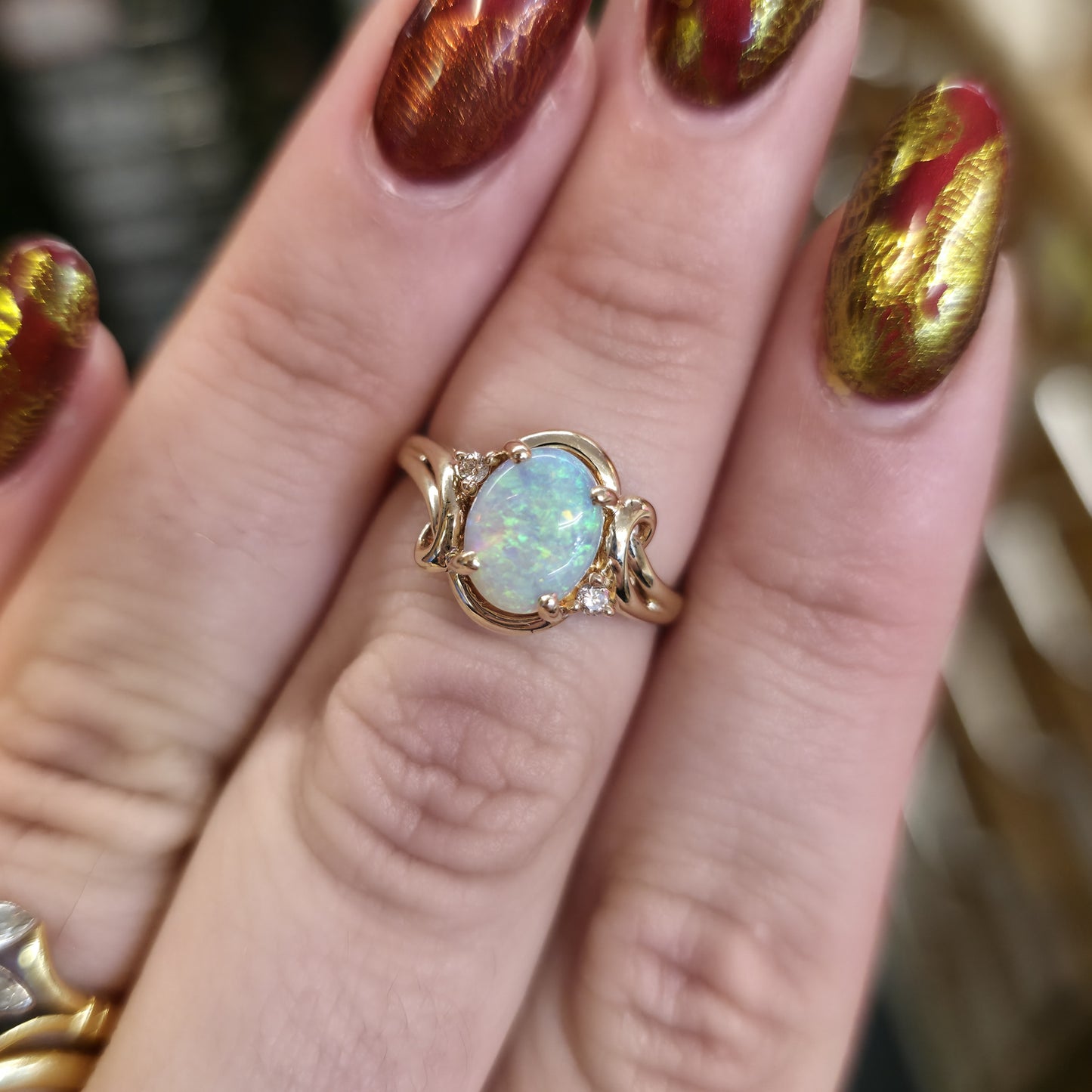 9ct Yellow Gold Vintage Oval Opal Cabochon And Diamond Swirly Setting Ring