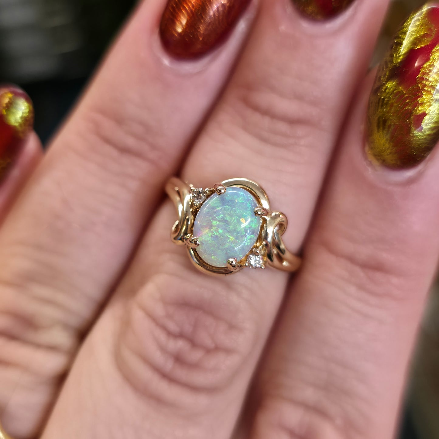 9ct Yellow Gold Vintage Oval Opal Cabochon And Diamond Swirly Setting Ring