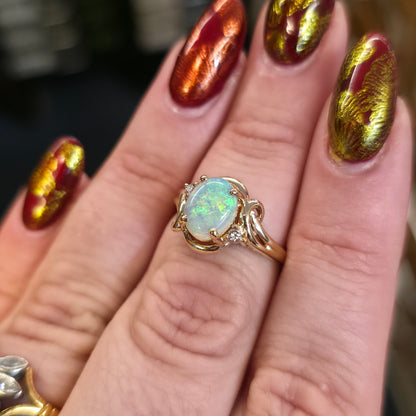 9ct Yellow Gold Vintage Oval Opal Cabochon And Diamond Swirly Setting Ring