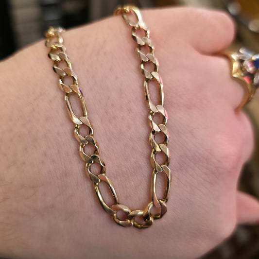 9ct Yellow Gold Vintage 3+1 Chunky Filed Figaro Chain 59cm / 23"