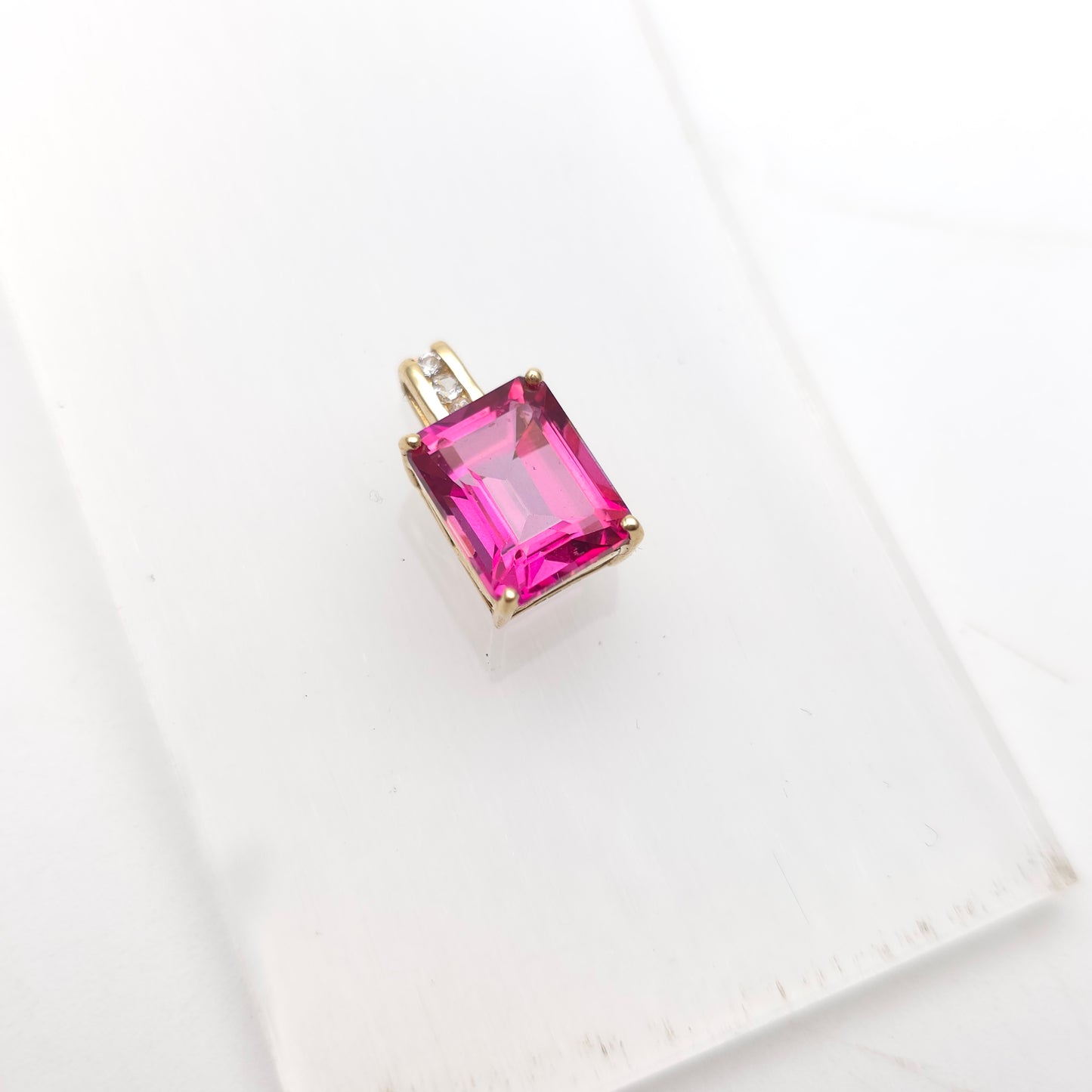14ct Yellow Gold Emerald Cut Pink Stone and Diamond Set Bail Pendant