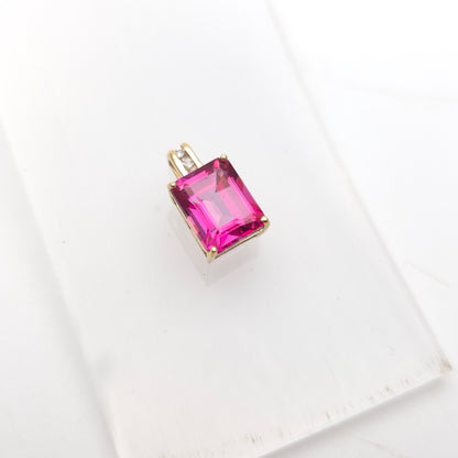 14ct Yellow Gold Emerald Cut Pink Stone and Diamond Set Bail Pendant
