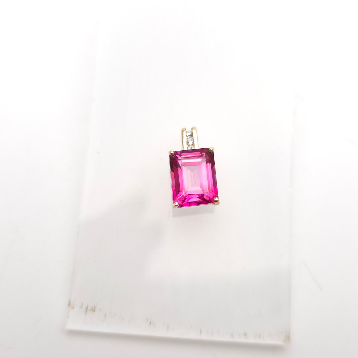 14ct Yellow Gold Emerald Cut Pink Stone and Diamond Set Bail Pendant
