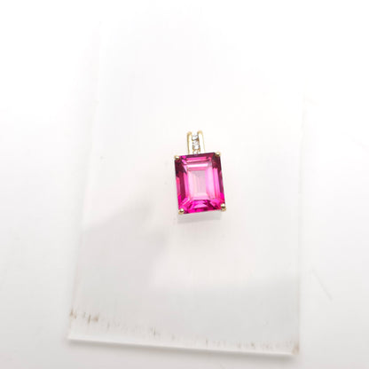 14ct Yellow Gold Emerald Cut Pink Stone and Diamond Set Bail Pendant