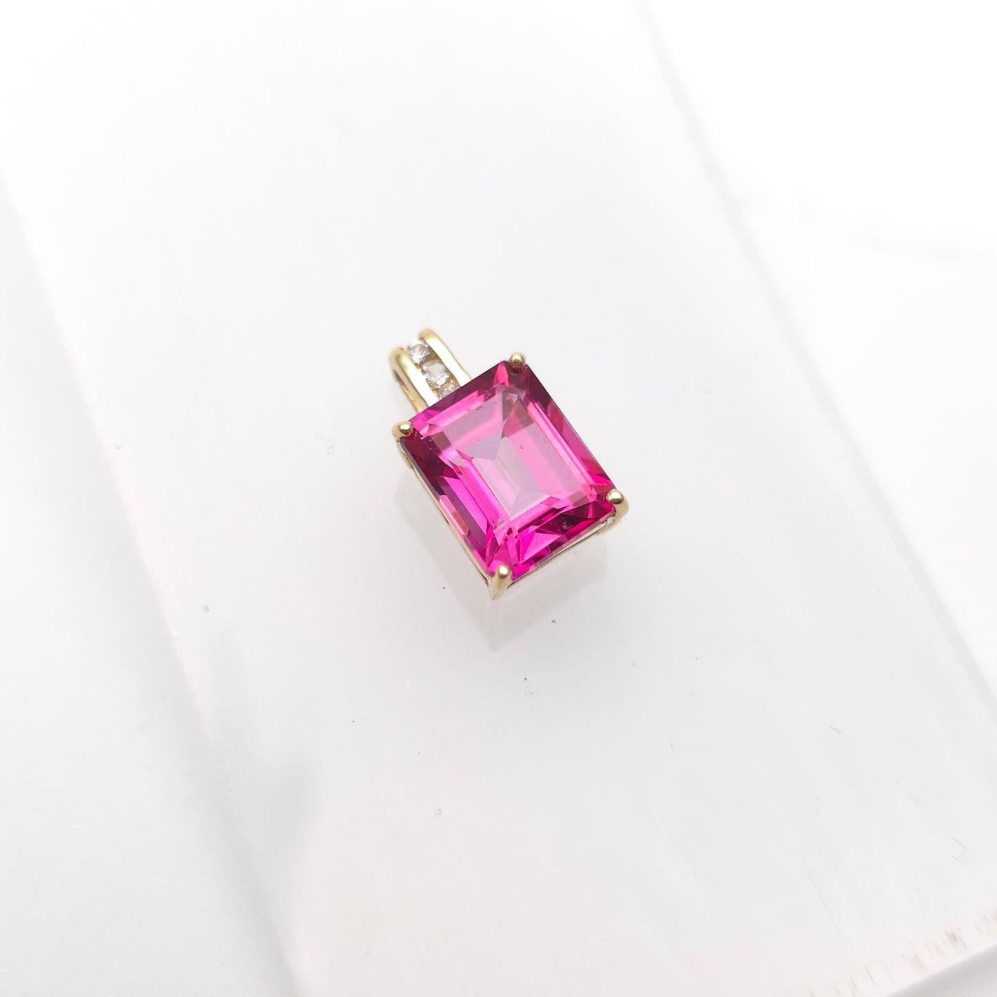 14ct Yellow Gold Emerald Cut Pink Stone and Diamond Set Bail Pendant