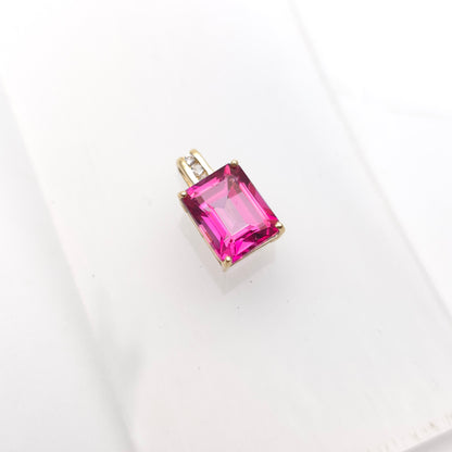 14ct Yellow Gold Emerald Cut Pink Stone and Diamond Set Bail Pendant
