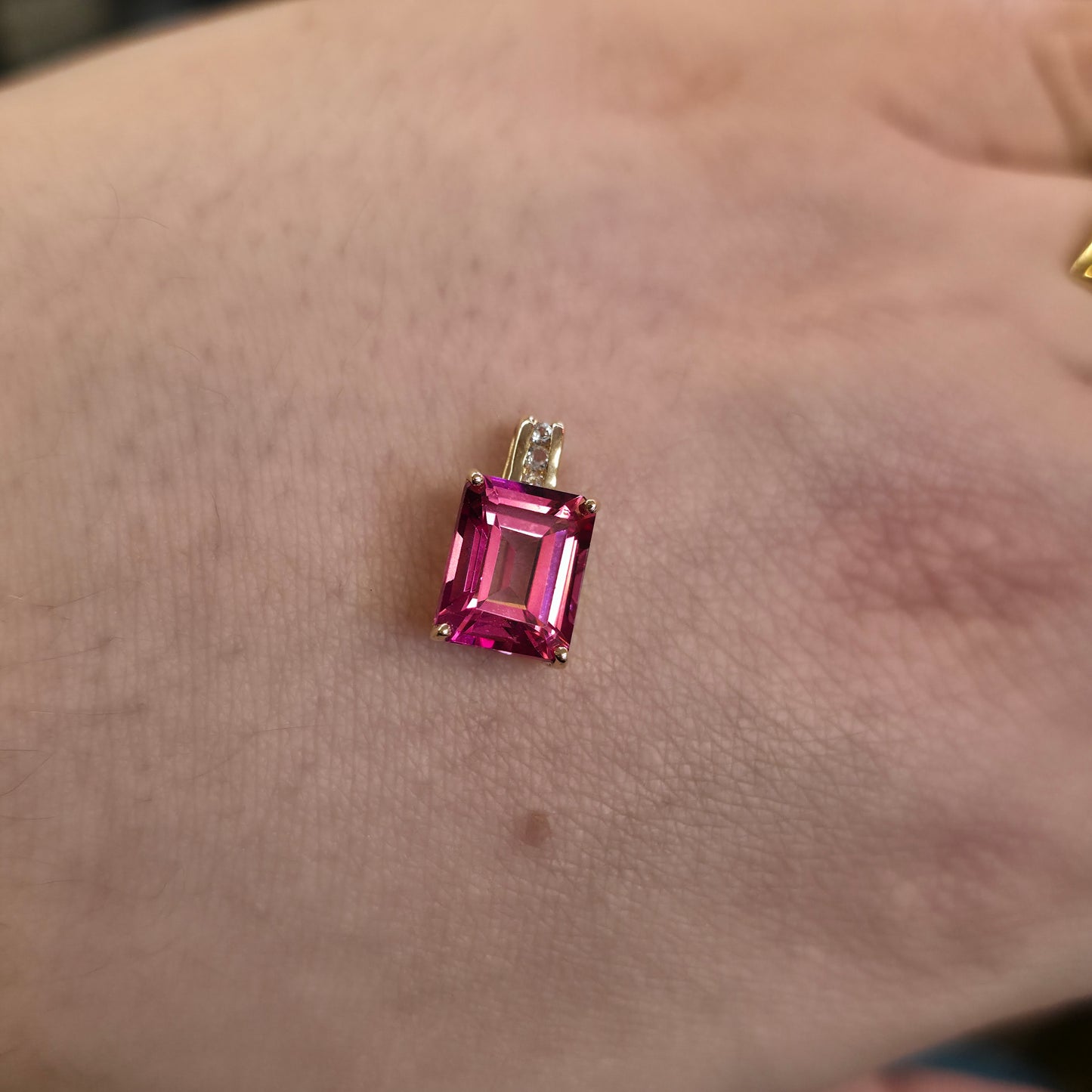 14ct Yellow Gold Emerald Cut Pink Stone and Diamond Set Bail Pendant