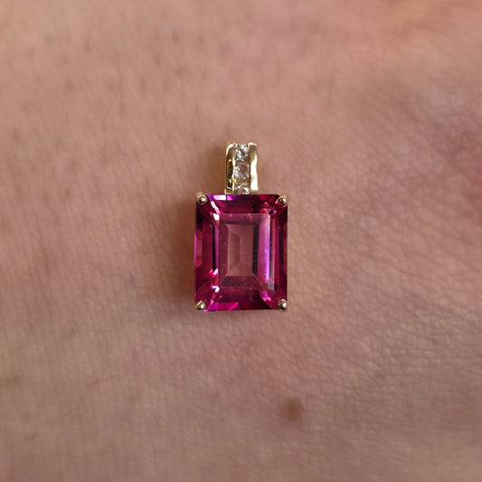 14ct Yellow Gold Emerald Cut Pink Stone and Diamond Set Bail Pendant