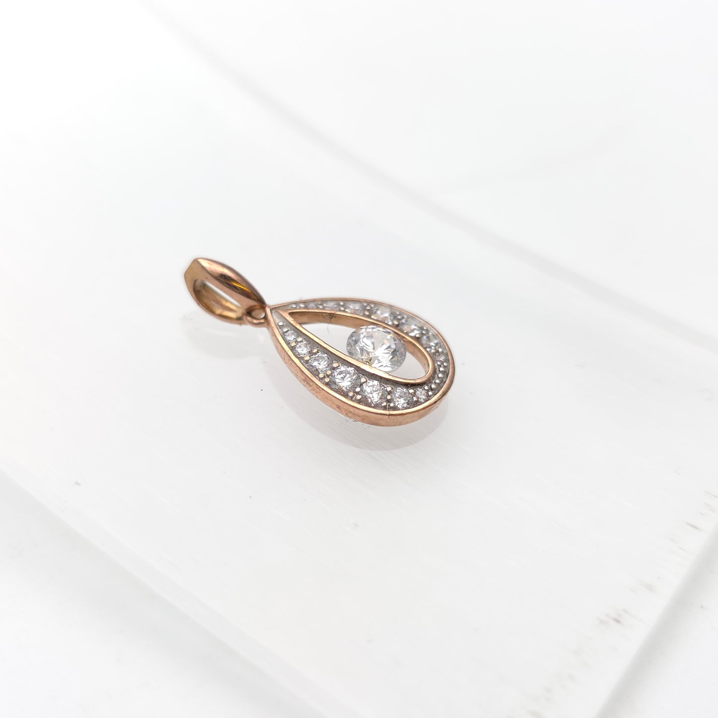 9ct Rose Gold Teardrop Shaped Cubic Zirconia CZ Openwork Pendant