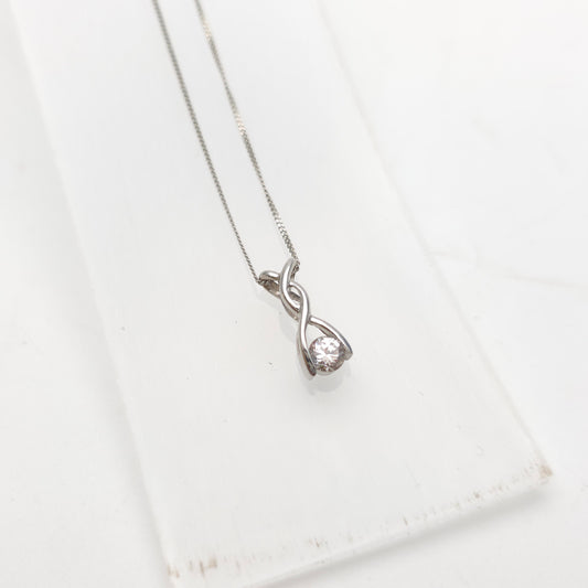 9ct White Gold Lightweight Twist Style Cubic Zirconia Pendant And Chain Necklace