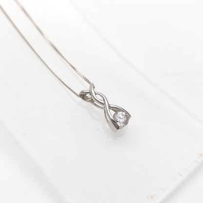 9ct White Gold Lightweight Twist Style Cubic Zirconia Pendant And Chain Necklace