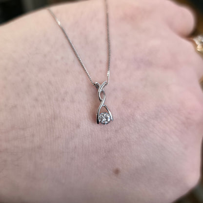 9ct White Gold Lightweight Twist Style Cubic Zirconia Pendant And Chain Necklace