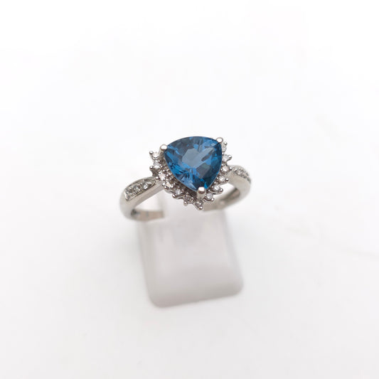 9ct White Gold Trillion Triangular Cut Deep Blue Topaz And Diamond Cluster Ring