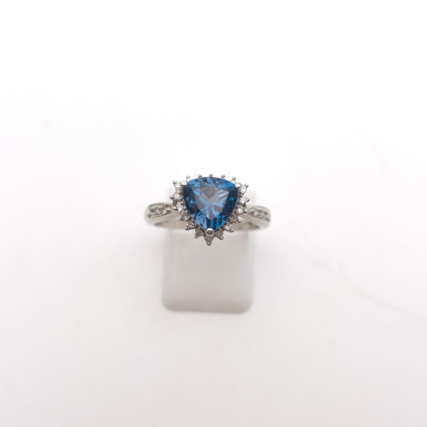 9ct White Gold Trillion Triangular Cut Deep Blue Topaz And Diamond Cluster Ring