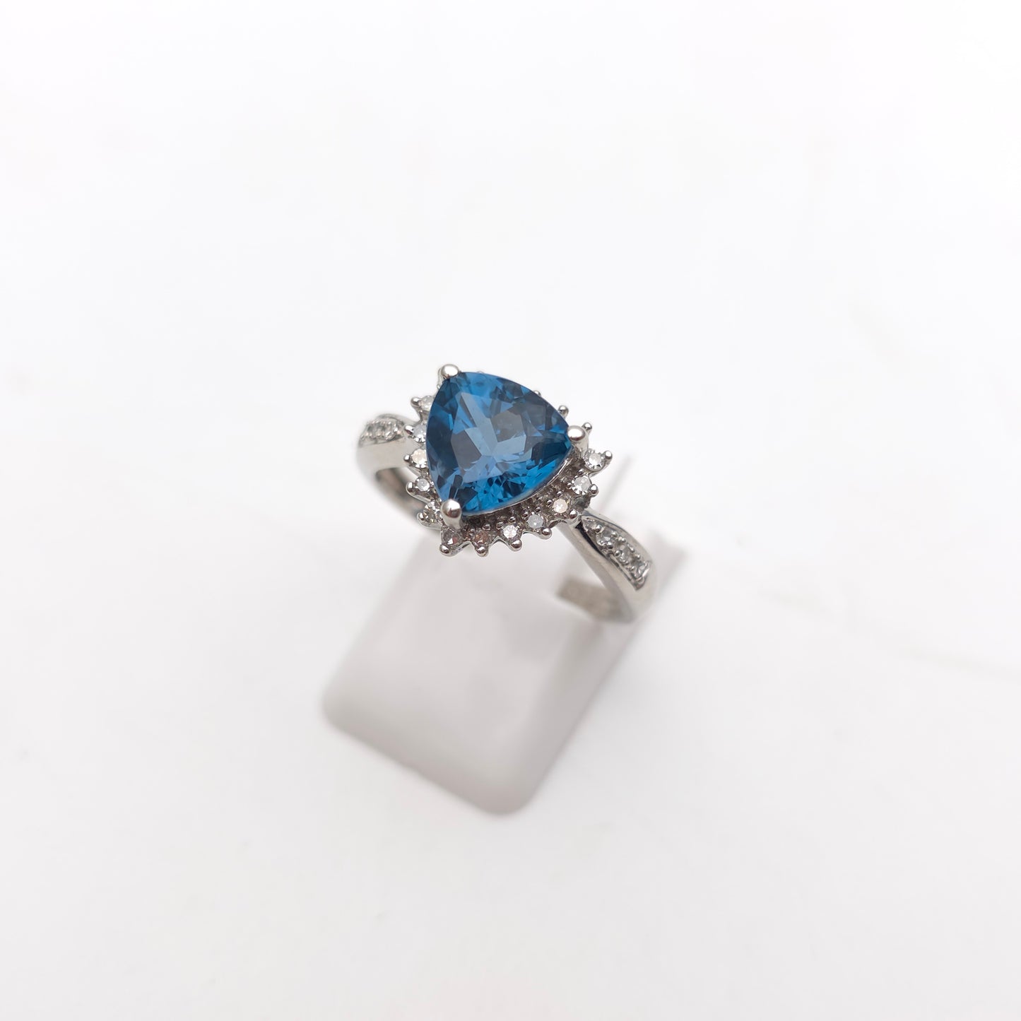 9ct White Gold Trillion Triangular Cut Deep Blue Topaz And Diamond Cluster Ring