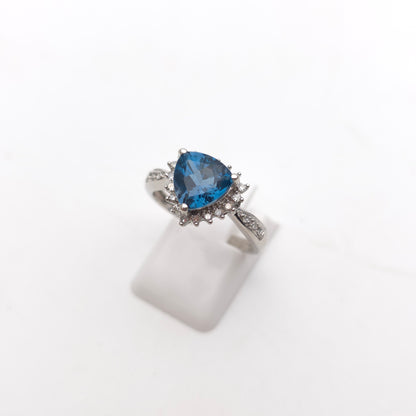 9ct White Gold Trillion Triangular Cut Deep Blue Topaz And Diamond Cluster Ring