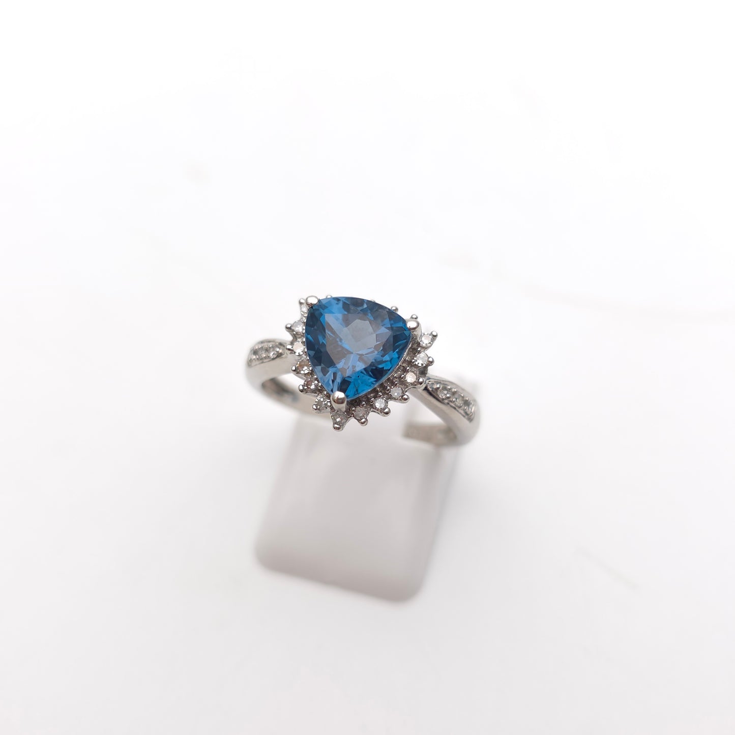 9ct White Gold Trillion Triangular Cut Deep Blue Topaz And Diamond Cluster Ring