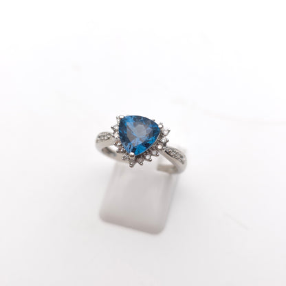 9ct White Gold Trillion Triangular Cut Deep Blue Topaz And Diamond Cluster Ring