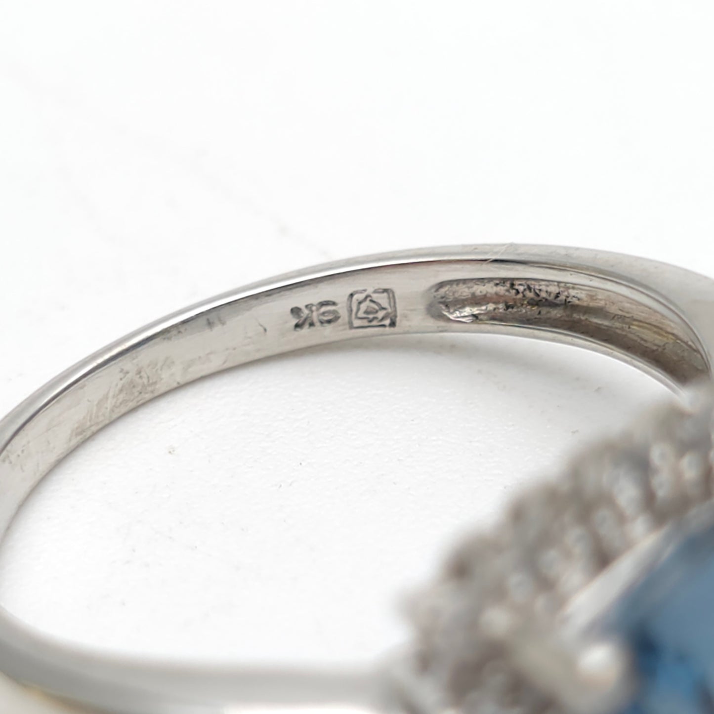 9ct White Gold Trillion Triangular Cut Deep Blue Topaz And Diamond Cluster Ring