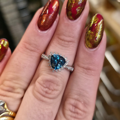 9ct White Gold Trillion Triangular Cut Deep Blue Topaz And Diamond Cluster Ring