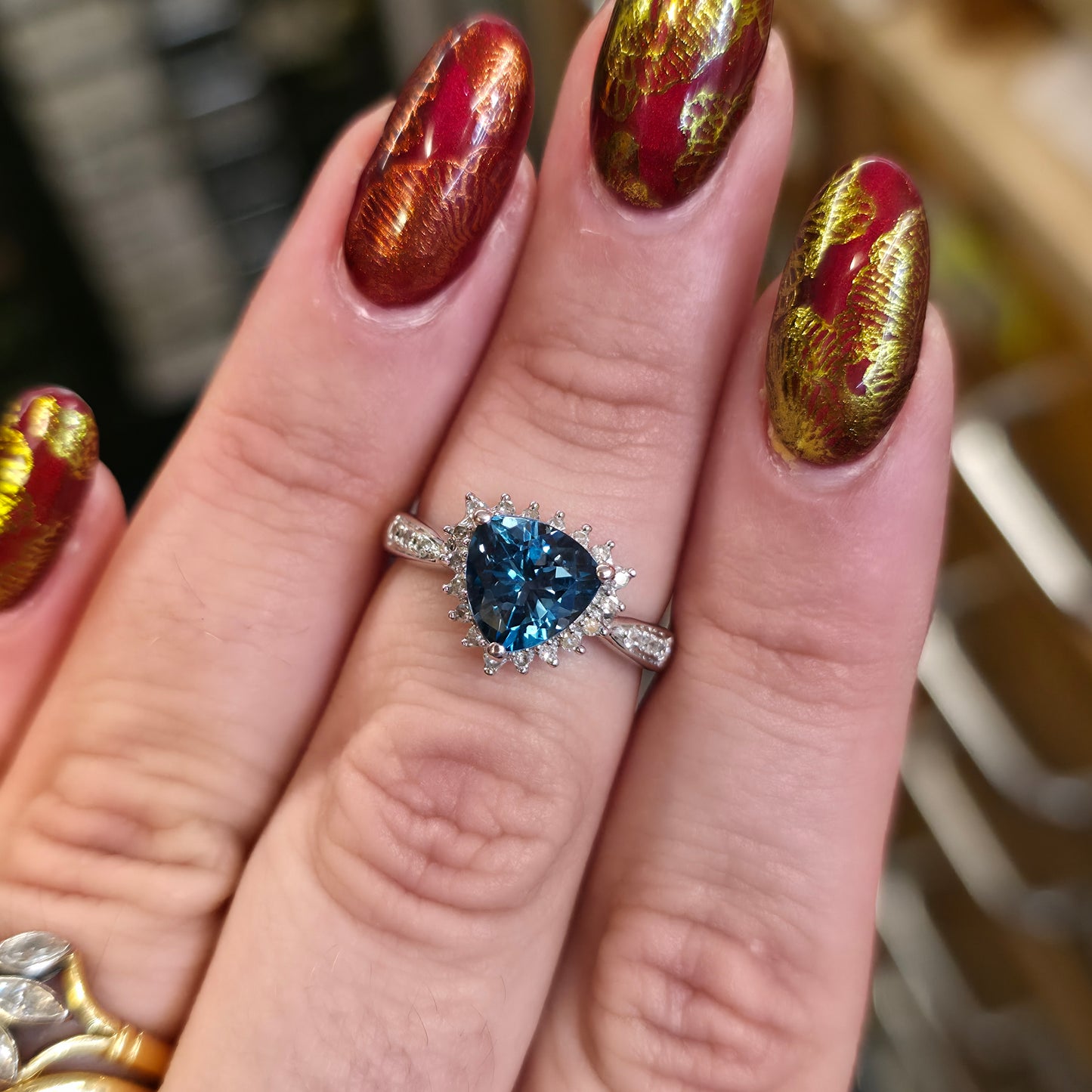 9ct White Gold Trillion Triangular Cut Deep Blue Topaz And Diamond Cluster Ring
