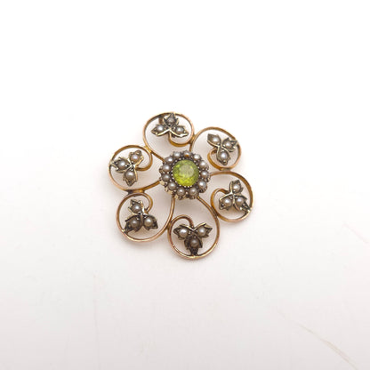 9ct Yellow Gold Antique Large Peridot and Pearl Foliate Leafy Pendant Piece