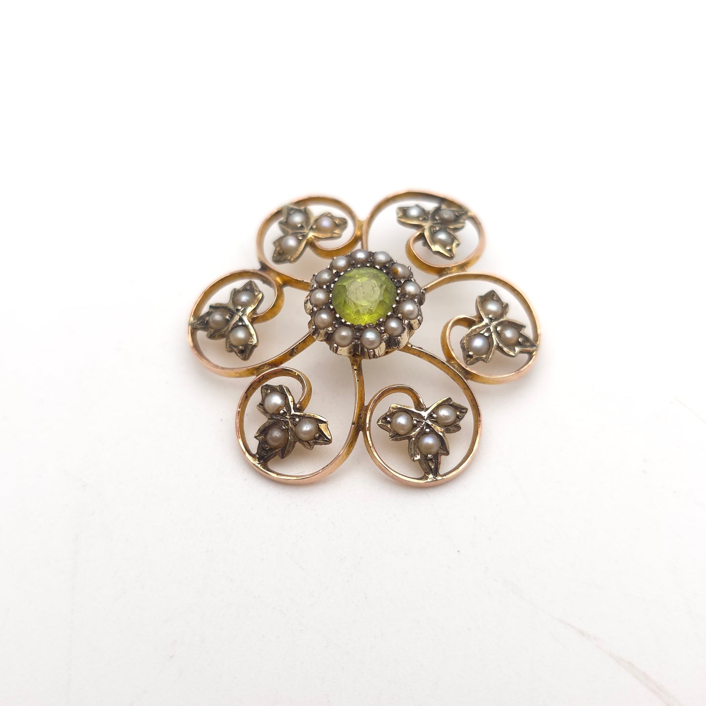 9ct Yellow Gold Antique Large Peridot and Pearl Foliate Leafy Pendant Piece