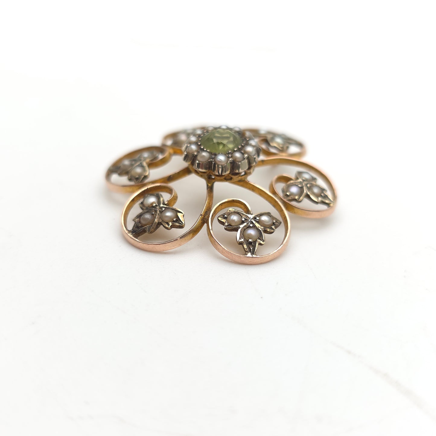 9ct Yellow Gold Antique Large Peridot and Pearl Foliate Leafy Pendant Piece