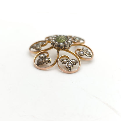 9ct Yellow Gold Antique Large Peridot and Pearl Foliate Leafy Pendant Piece