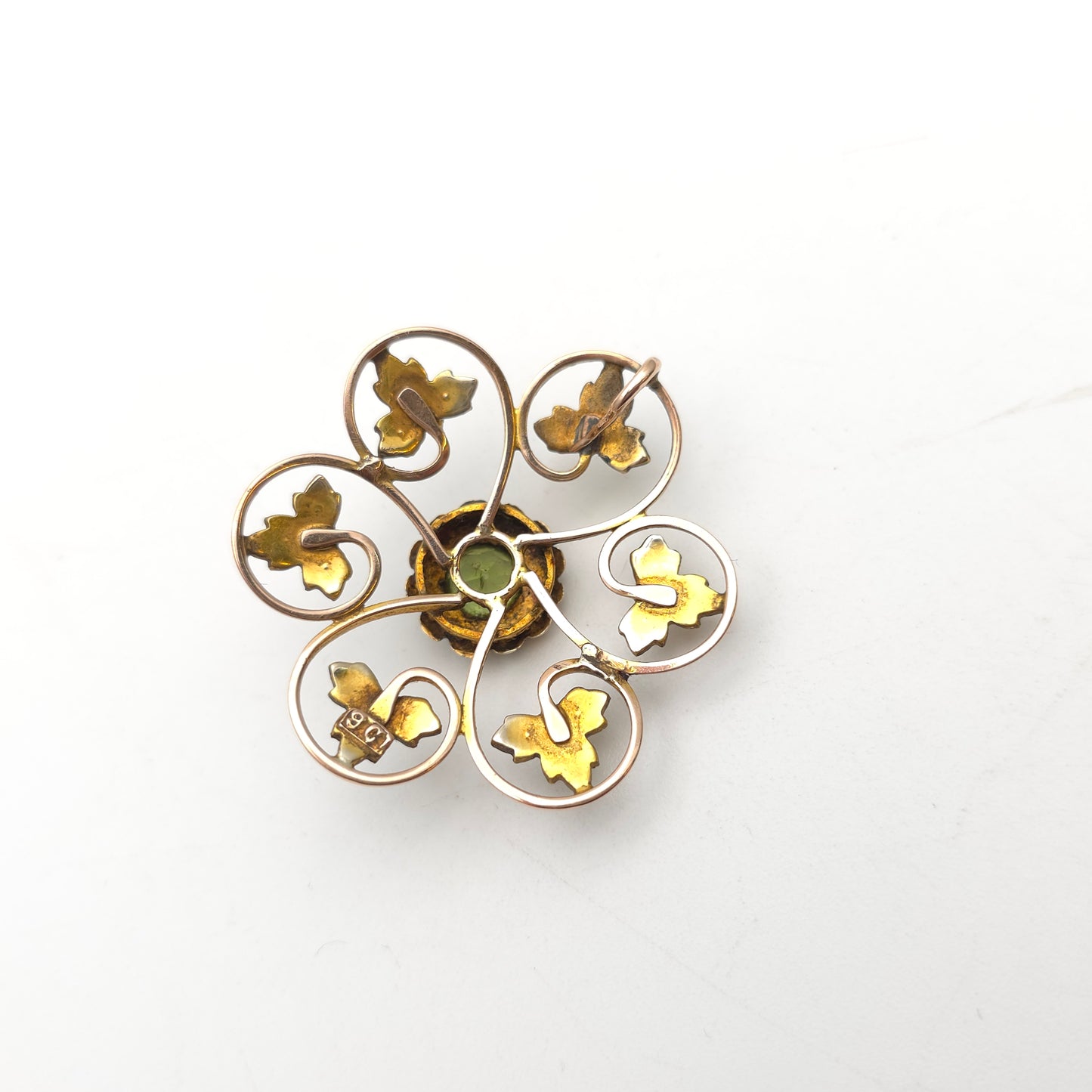 9ct Yellow Gold Antique Large Peridot and Pearl Foliate Leafy Pendant Piece