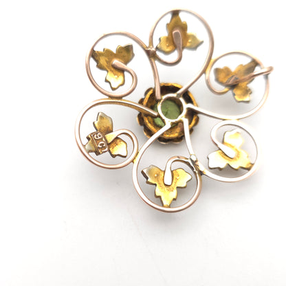9ct Yellow Gold Antique Large Peridot and Pearl Foliate Leafy Pendant Piece