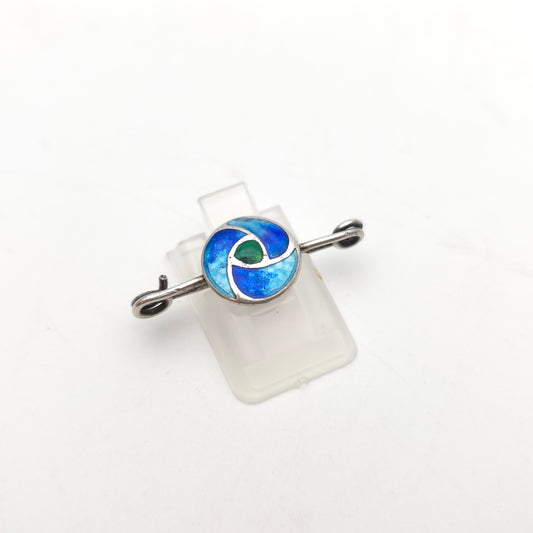 Sterling Silver Vintage Multi-tone Blue And Green Enamel Swirl Brooch Pin (AF)