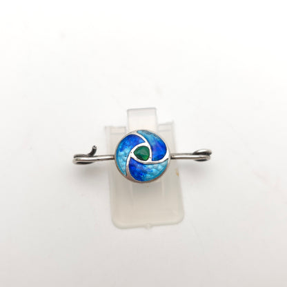 Sterling Silver Vintage Multi-tone Blue And Green Enamel Swirl Brooch Pin (AF)