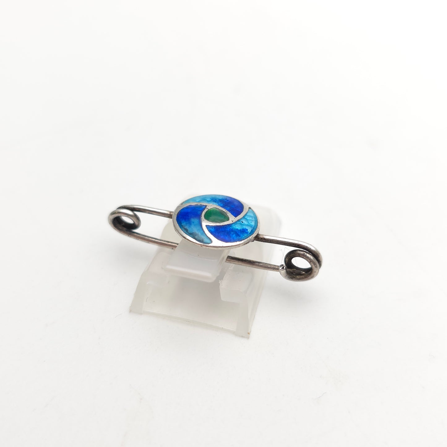 Sterling Silver Vintage Multi-tone Blue And Green Enamel Swirl Brooch Pin (AF)