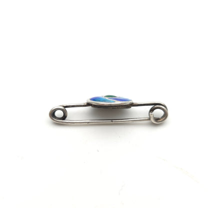 Sterling Silver Vintage Multi-tone Blue And Green Enamel Swirl Brooch Pin (AF)