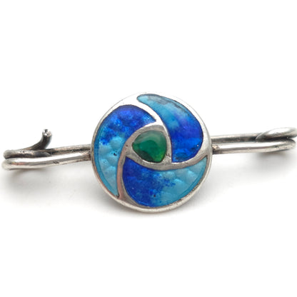 Sterling Silver Vintage Multi-tone Blue And Green Enamel Swirl Brooch Pin (AF)