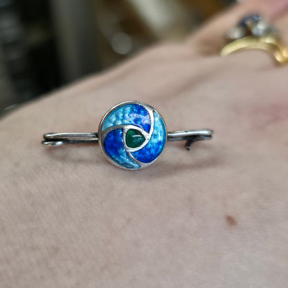 Sterling Silver Vintage Multi-tone Blue And Green Enamel Swirl Brooch Pin (AF)