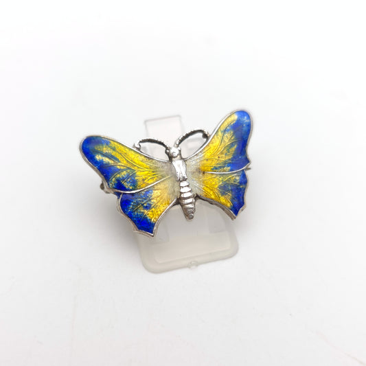 Sterling Silver Vintage Blue, White and Yellow Enamel Butterfly Brooch