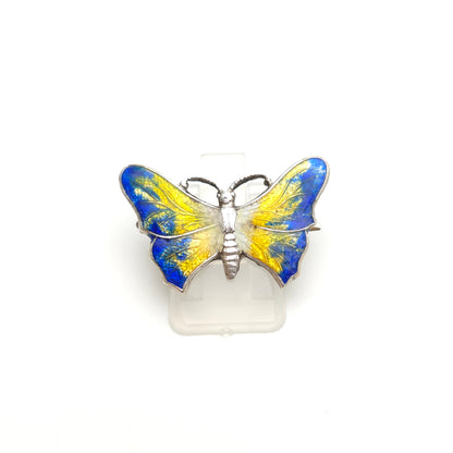 Sterling Silver Vintage Blue, White and Yellow Enamel Butterfly Brooch