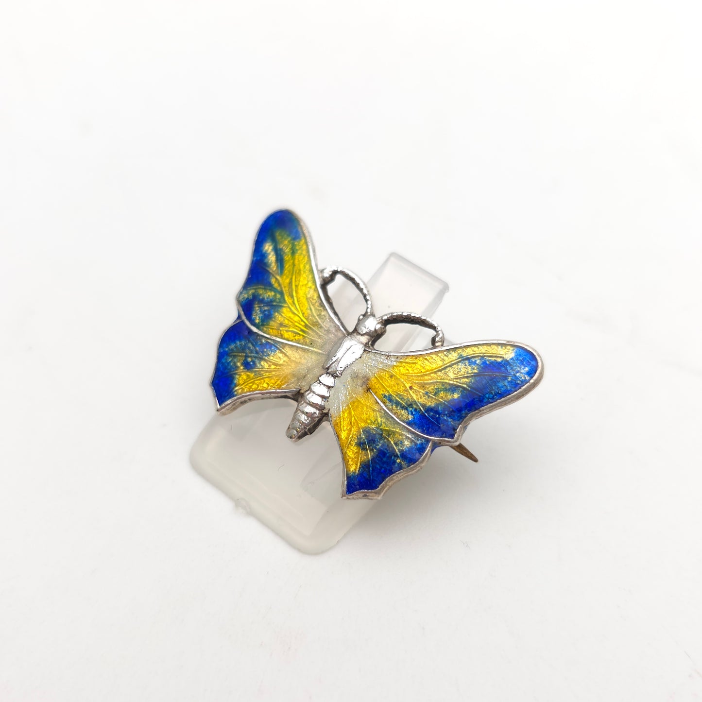 Sterling Silver Vintage Blue, White and Yellow Enamel Butterfly Brooch