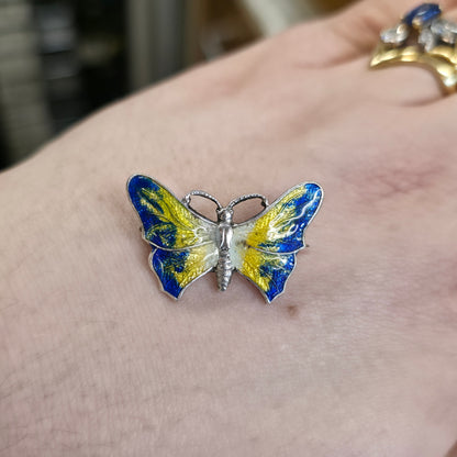 Sterling Silver Vintage Blue, White and Yellow Enamel Butterfly Brooch