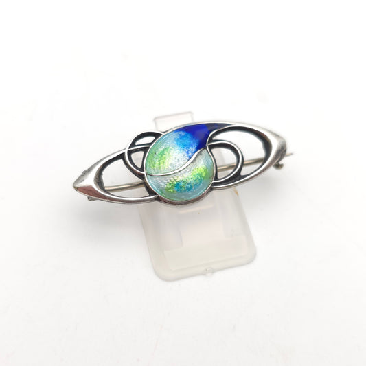 Sterling Silver Vintage Art Nouveau Style Blue, White And Green Enamel Brooch