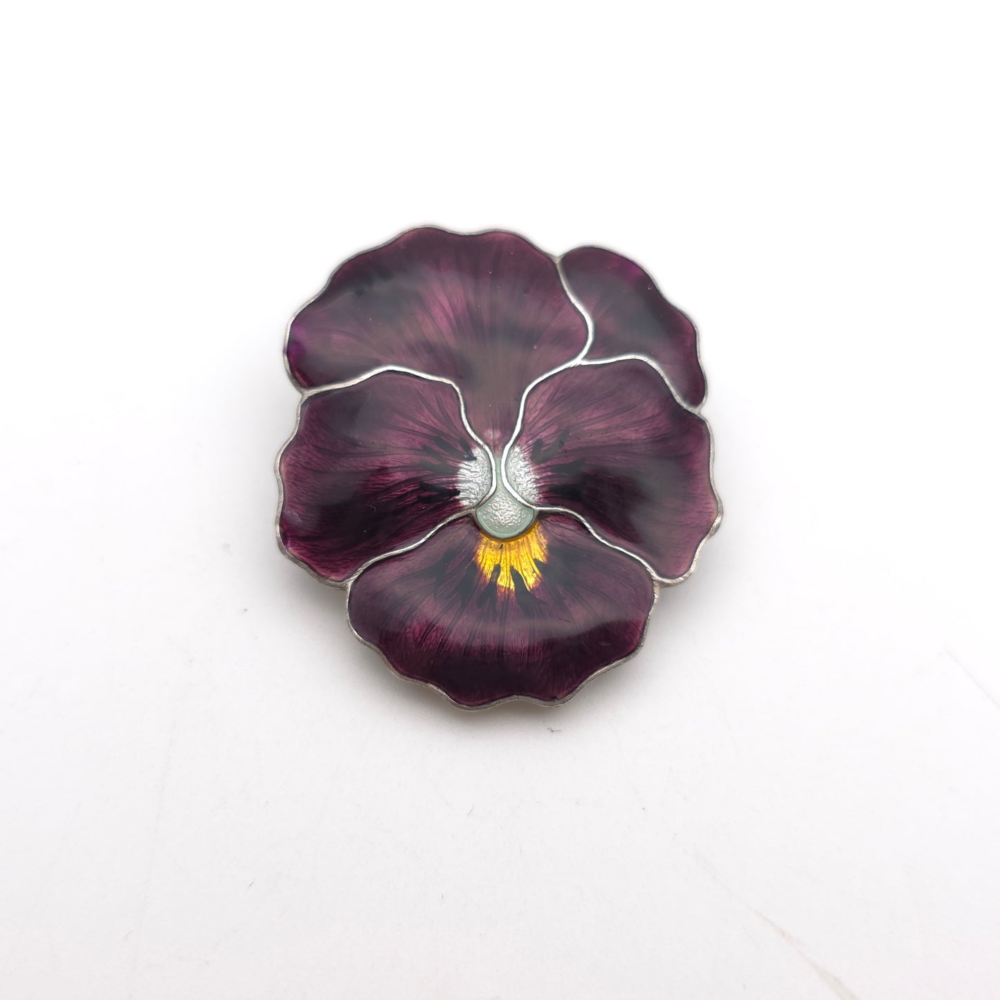 Sterling Silver Antique JA&S Dark Purple Pansy Flower Enamel Brooch