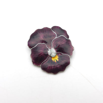 Sterling Silver Antique JA&S Dark Purple Pansy Flower Enamel Brooch