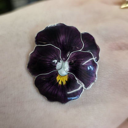 Sterling Silver Antique JA&S Dark Purple Pansy Flower Enamel Brooch