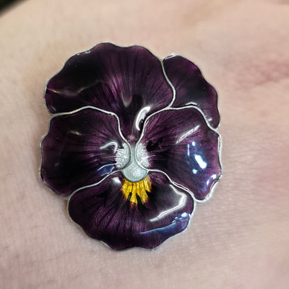 Sterling Silver Antique JA&S Dark Purple Pansy Flower Enamel Brooch