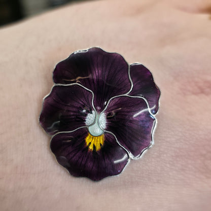 Sterling Silver Antique JA&S Dark Purple Pansy Flower Enamel Brooch
