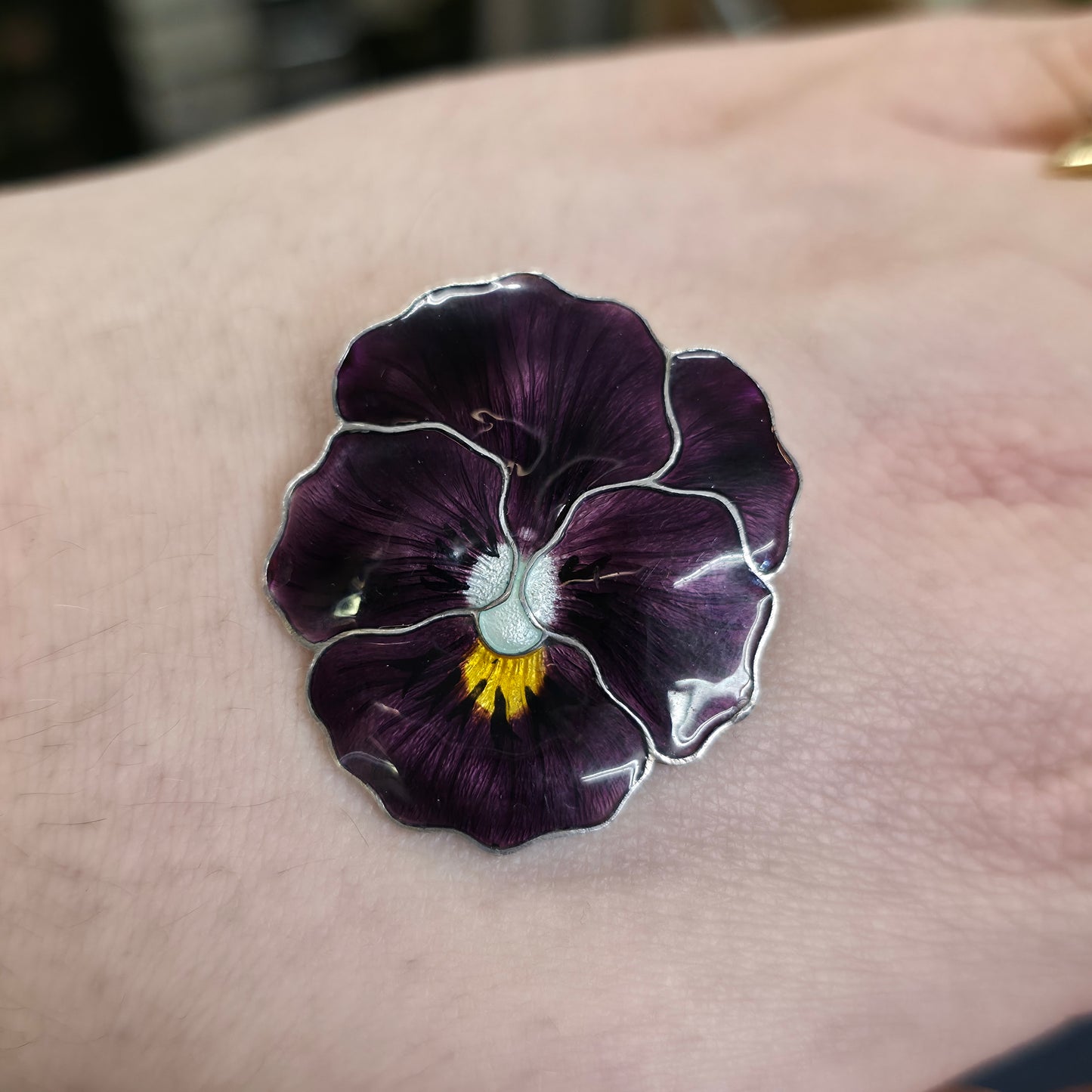 Sterling Silver Antique JA&S Dark Purple Pansy Flower Enamel Brooch